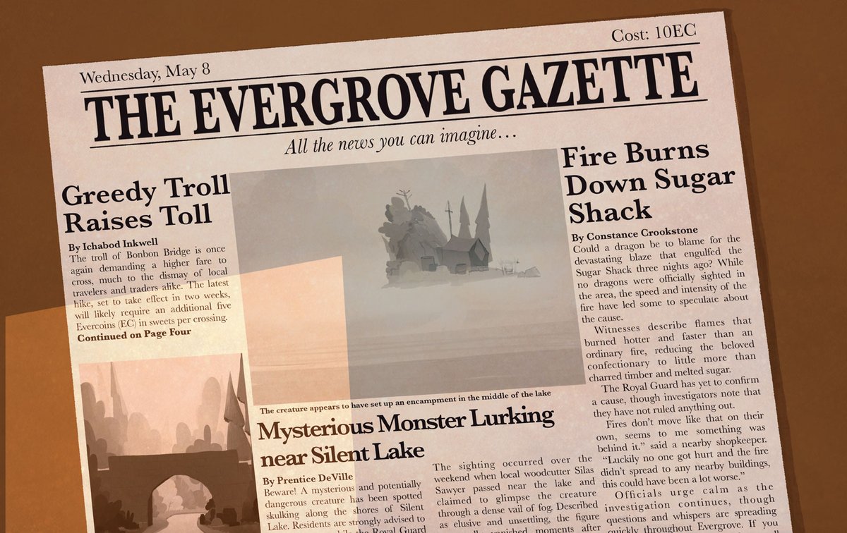 The Evergrove Gazette, Wednesday May 8 — Headlines: Greedy Troll Raises Toll, Fire Burns Down Sugar Shack, Mysterious Monster Lurking near Silent Lake